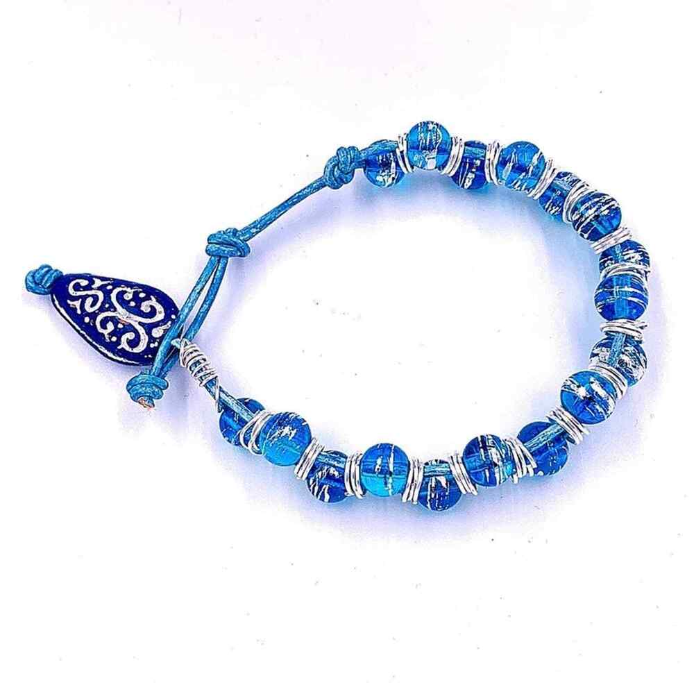 hand crafted‎ Blue Bracelet leather and Crackle glass beads